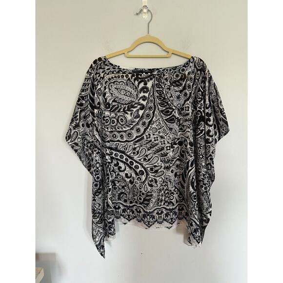 Talbots Poncho Top Womens Medium Portofino Paisley Sheer Navy Cotton Silk Light - Picture 1 of 9